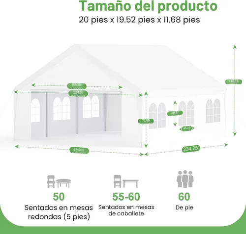 Miniatura 6 de Tienda de campaña para fiestas, 20 x 20 pies, resistente al aire libre, lona para todas las estaciones y pared lateral extraíble, impermeable, toldo
