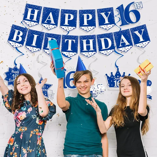Miniatura 2 de Juego de decoraciones de cumpleaños número 16 – Cartel azul de Happy 16 con espirales colgantes y centros de mesa de panal de abeja, kit