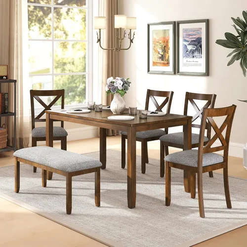 Miniatura 10 de Zevemomo Juego de mesa de comedor de madera maciza de 6 piezas, incluye 1 mesa de comedor, 4 sillas tapizadas y 1 banco, juego de mesa de comedor