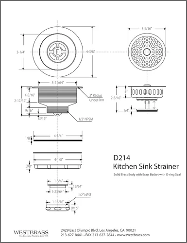 Miniatura 3 de Westbrass D214-05 - Colador grande para fregadero de cocina estilo poste de 3-1/2 pulgadas, níquel pulido
