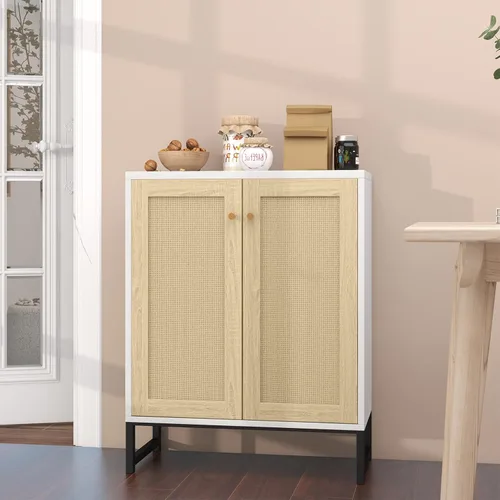 Miniatura 2 de Panana Ratán decorado 2 puertas Gabinete de almacenamiento Gabinete de acento Sala de estar Armario Cocina Aparador Buffet Mesa (blanco)