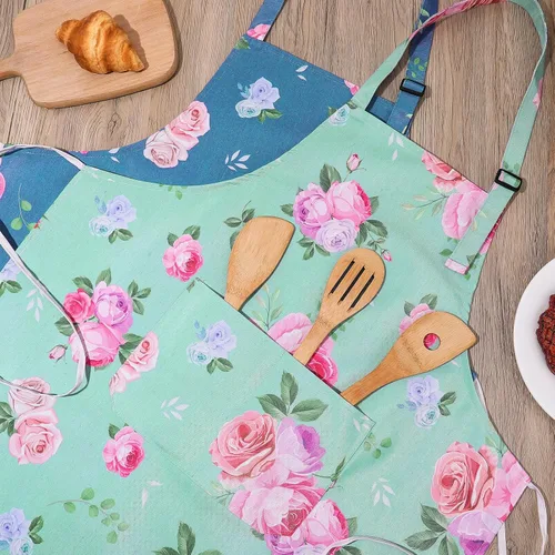 Miniatura 7 de Paquete de 2 delantales florales para mujer con bolsillos, delantal de cocina ajustable para cocinar, hornear, jardinería, manualidades