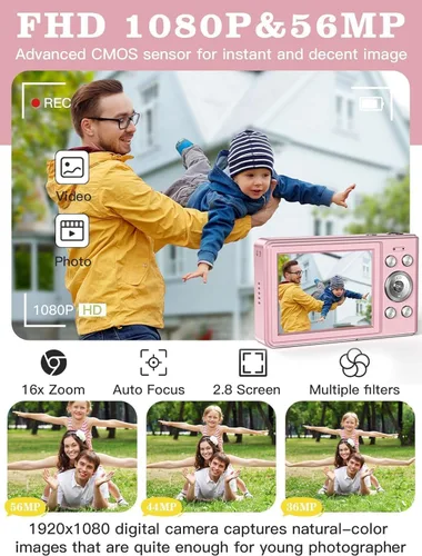 Miniatura 2 de Cámara digital actualizada, cámara FHD 1080P de 56 MP para niños con zoom de 16 x antivibraciones, cámara para niños con tarjeta TF de 32 GB, dos