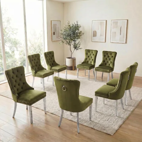 Miniatura 49 de Juego de 6 sillas de comedor de terciopelo, sillas tapizadas con respaldo alto capitoné con ribete de cabeza de clavo y anillo de tracción, patas