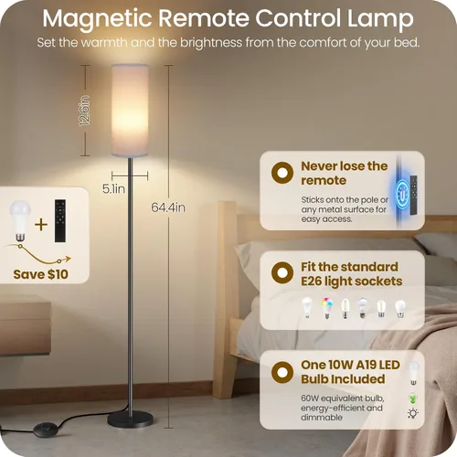 Miniatura 2 de Lámpara de pie regulable para sala de estar con control remoto e interruptor de pie, lámpara de pie de esquina, lámpara alta de pie moderna, Blanco