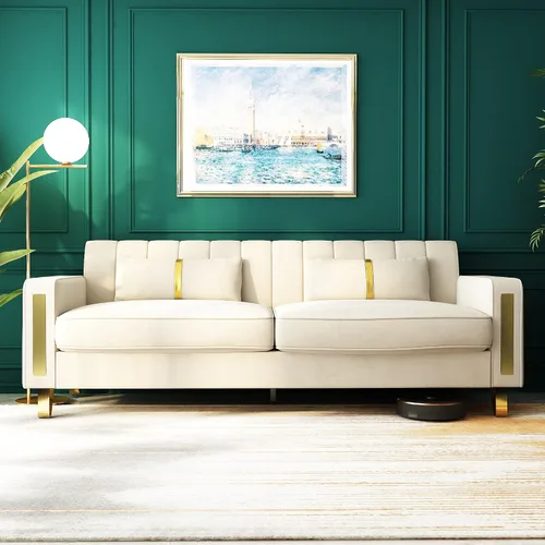 Miniatura 5 de Sofá cama modular de tela de terciopelo de 85.62 pulgadas, 3 asientos, fácil de montar con 2 almohadas de sofá, patas de metal dorado para sala