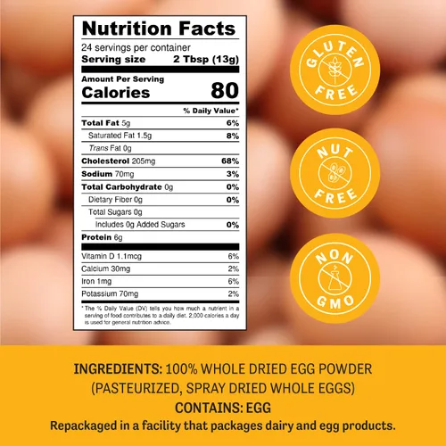 Miniatura 2 de Polvo de huevos pasteurizados, sin transgénicos, fabricado en los E.E. U.U, sin aditivos (1 ingrediente) y fabricado con los huevos más frescos