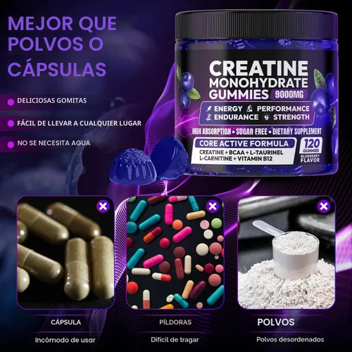 Miniatura 4 de AEQNJV Gomitas de Creatina Monohidrato Complejo para Hombres y Mujeres, 9000MG Suplemento de Creatina Pre-Entrenamiento Mejora la Fuerza Muscular