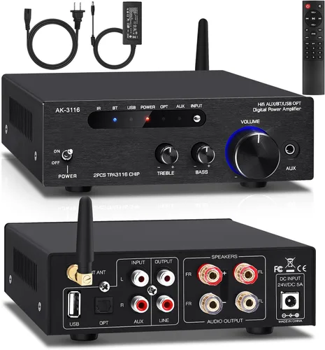 Amplificador de audio para el hogar, receptor estéreo Bluetooth 5.0 amplificador de potencia 100 W x2 inalámbrico HiFi estéreo clase D digital 2
