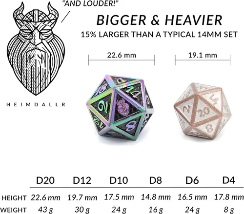 Miniatura 4 de HEIMDALLR Juego de dados DND de metal, 7 piezas, diseño de piel de dragón, tamaño de 0.630 in, logotipo en D20; juego de dados de metal y caja