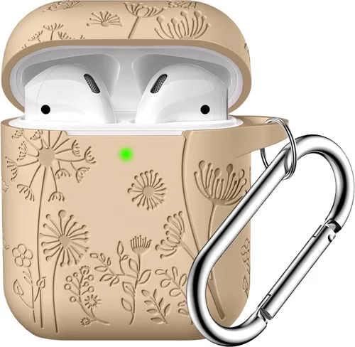 Lerobo Funda protectora completa para AirPods de 2ª y 1ª generación, con grabado de flores, compatible con Apple AirPod, funda de carga con llavero