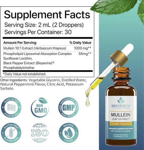 Miniatura 8 de Gotas de gordolobo 4 en 1 para la salud pulmonar y intestinal, extracto liposomal de hoja de gordolobo, lecitina de girasol y colina para alivio
