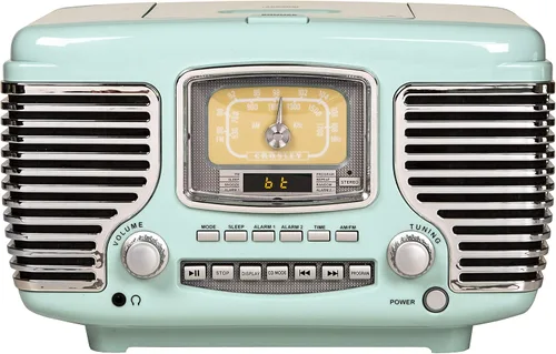 Crosley CR612B-AB Corsair - Radio Bluetooth AM/FM de sobremesa con reproductor de CD y reloj despertador doble, color azul aguamarina