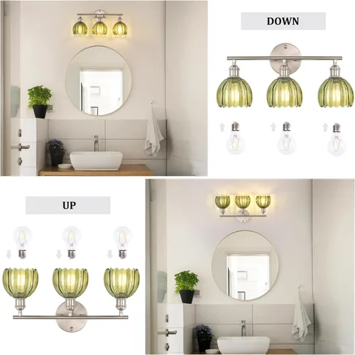 Miniatura 6 de Shenmoyl Accesorios de Iluminación para Baño, Luz de Pared de Tocador de 3 Luces Sobre Espejo con Pantalla de Cristal de Tulipán Verde para Base