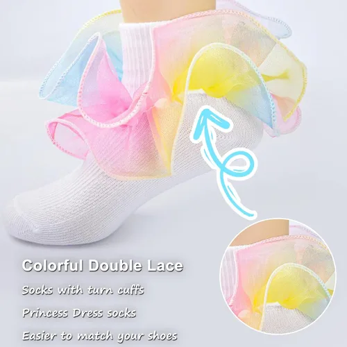 Miniatura 4 de 4 pares de calcetines de arco iris con volantes grandes para niñas de 1 a 10 años