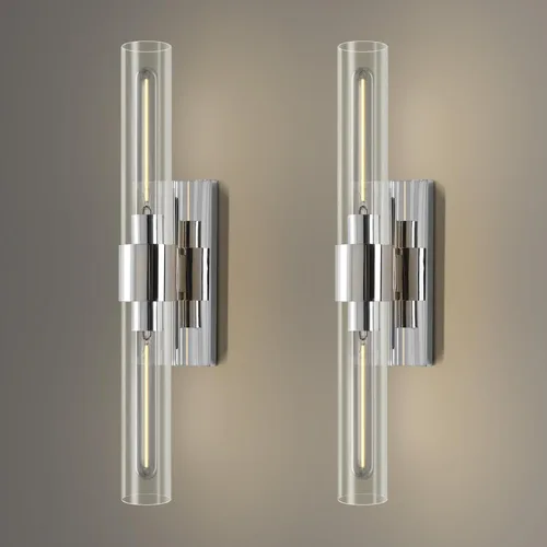 YUYI Juego de 2 apliques de pared de níquel, 22.8 pulgadas, para interiores, con pantalla de cristal transparente, luces de pared para baño, sala de