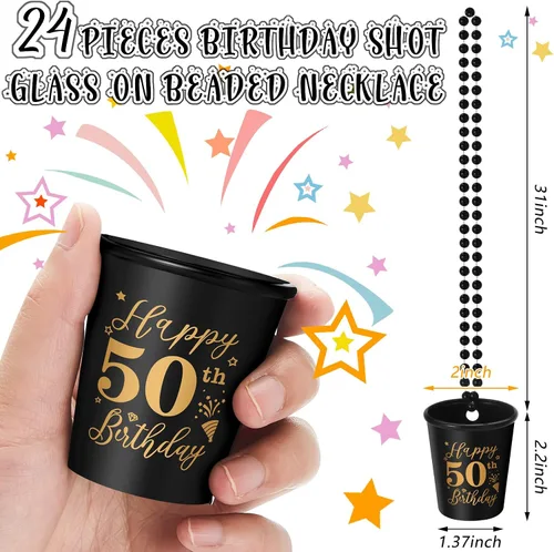 Miniatura 2 de Sureio 24 piezas de 50 cumpleaños regalos de fiesta de chupito collares tazas a granel para mujeres, hombres invitados, tazas de plástico dorado