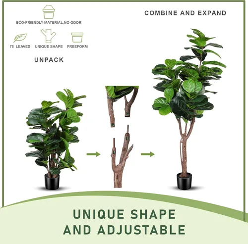 Miniatura 8 de LYERSE Árbol de higuera artificial de hoja de violín, planta de ficus lyrata falsa de 5 pies con 78 hojas de violín decorativas en maceta