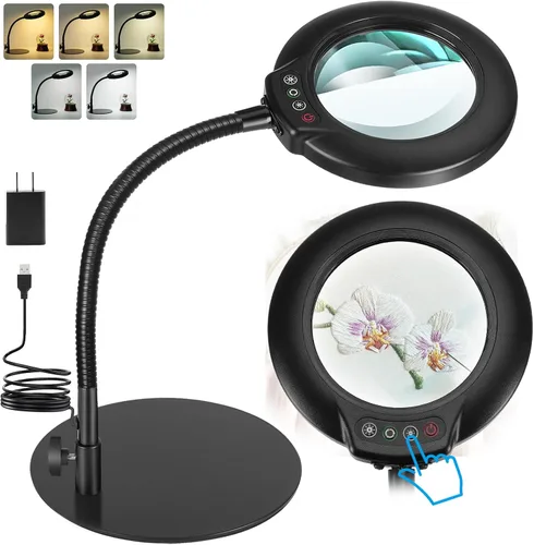 IVMAIE - Lupa de 10 aumentos con luz, lente de vidrio real, 5 modos de color atenuables, lupa iluminada con cuello de ganso flexible con soporte,