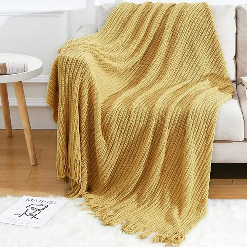 Miniatura 11 de Blagic Manta de punto para sofá, manta suave de estilo bohemio para otoño con borlas, manta ligera decorativa para el hogar, manta beige para cama