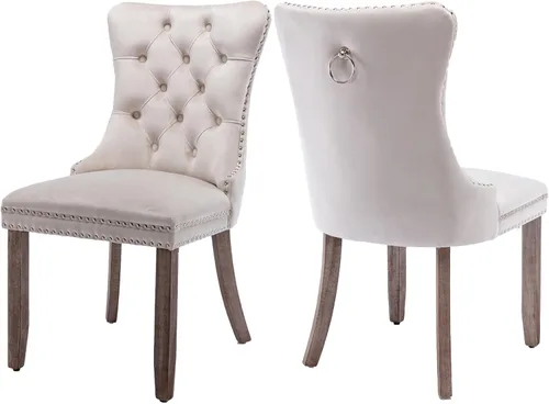 Miniatura 76 de Juego de 2 sillas de comedor de terciopelo, silla de comedor tapizada de alta gama con tirador de anillo en la espalda, adorno de clavos y patas