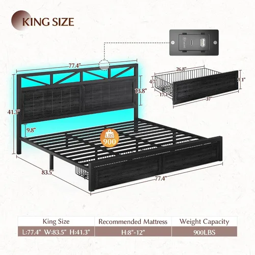 Miniatura 2 de EnHomee Marco de cama King de metal con 2 cajones de almacenamiento, cabecera de madera con iluminación LED y estación de carga, dormitorio, Negro