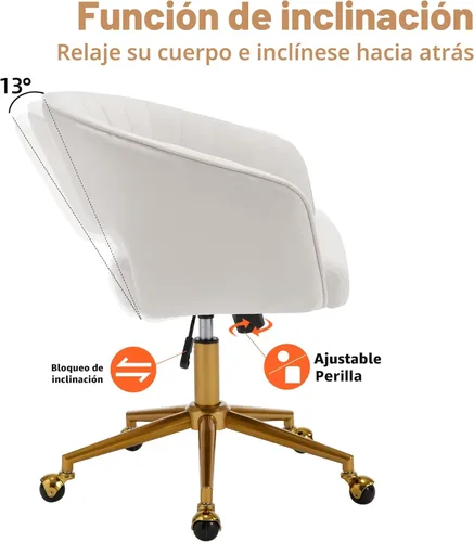 Miniatura 5 de Westice Sillas de escritorio de oficina en casa, moderna silla rodante de terciopelo, silla giratoria de altura ajustable con base dorada, silla