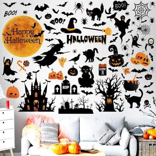 Miniatura 5 de Haull 6 hojas de calcomanías de pared de Halloween, calcomanías de pared reutilizables para ventana de Halloween, acuarela, bruja, murciélagos