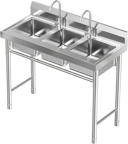 Miniatura 15 de Juego de fregadero de acero inoxidable 304 comercial con grifo para garaje, restaurante, cocina, lavandería, al aire libre, 47.2 pulgadas de ancho x
