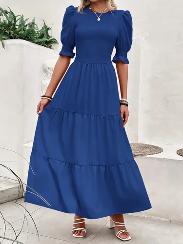 Miniatura 65 de BTFBM Vestidos para mujer, cuello redondo, casual, de verano, con volantes, manga corta, bohemio, con niveles, fruncido, largo, con estampado floral