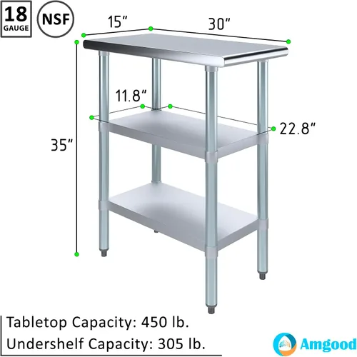 Miniatura 3 de AmGood Mesa de trabajo de acero inoxidable con 2 estantes NSF Mesa utilitaria de metal (15 pulgadas de largo x 30 pulgadas de profundidad)