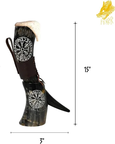 Miniatura 4 de FENRIR Cuerno vikingo para beber con soporte 16 oz – Regalos para hombres, papá, esposo – Taza natural de cuerno de buey con abrebotellas de Thor