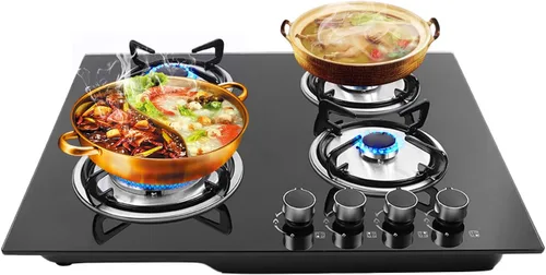 23" Built-in Gas Cooktop 4 Burners Gas Stove, Black Tempered Glass Gas Hob, Independent Control Knobs, for Kitchen, Apartments, and Small Spaces
