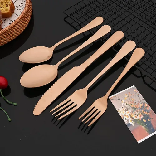Miniatura 6 de JASHII Juego de cubiertos de acabado satinado, 20 piezas, servicio para 4, juego de cubiertos de titanio, juego de utensilios de cobre mate, incluye
