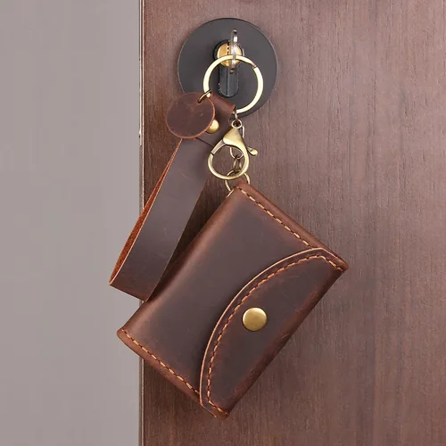 Miniatura 5 de Cartera de cuero genuino para tarjetas de crédito, organizador de tarjetas de crédito para mujeres y hombres, monedero pequeño llavero, Café, Simple