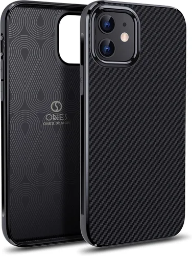 ONES Funda delgada para iPhone 12 Mini, funda protectora de fibra de carbono a prueba de golpes con diseño minimalista y prevención de huellas Negro
