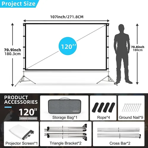 Miniatura 3 de Vamvo - Pantalla de proyector para exteriores, pantalla de proyectores portátiles con soporte de aleación de aluminio, pantallas plegables de 120