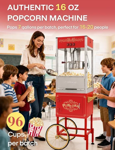 Miniatura 4 de Máquina comercial de palomitas de maíz con carrito, auténtica máquina de palomitas de maíz de 16 onzas con cubierta de vibración, máquina de Rojo