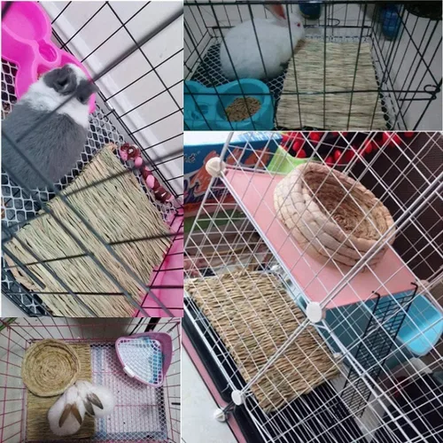 Miniatura 2 de Hamiledyi Alfombrilla de césped tejida para animales pequeños, 4 piezas de ropa de cama de conejito grande, juguete para masticar, juguete de cama