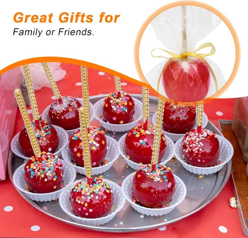 Miniatura 5 de Kit de 24 palos para manzanas de caramelo, 24 palos brillantes para manzanas con pedrería de rinestone de madera con 24 bolsas/ 25 yardas de cinta