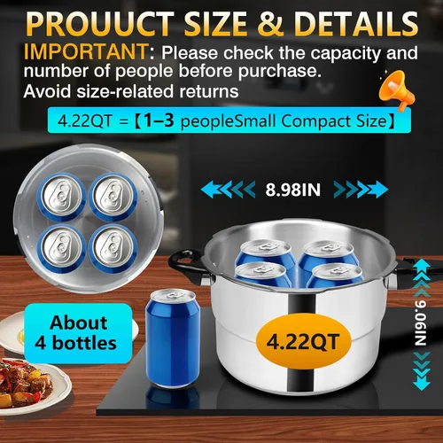 Miniatura 3 de Olla a presión pequeña de aluminio de 4.22 cuartos de galón/4 litros, mini olla a presión compacta para 2-4 personas, calor uniforme resistente