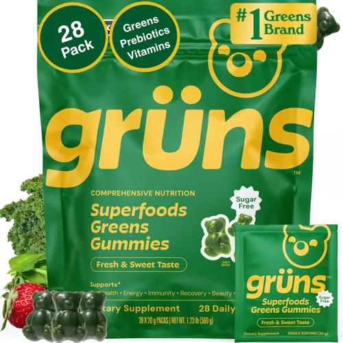 Miniatura 9 de Gruns Gomitas Super Greens Sin Azúcar, Ositos de Goma Multivitamínicos de Superalimentos, Espirulina, Clorela, Prebióticos y Gomitas de Fibra