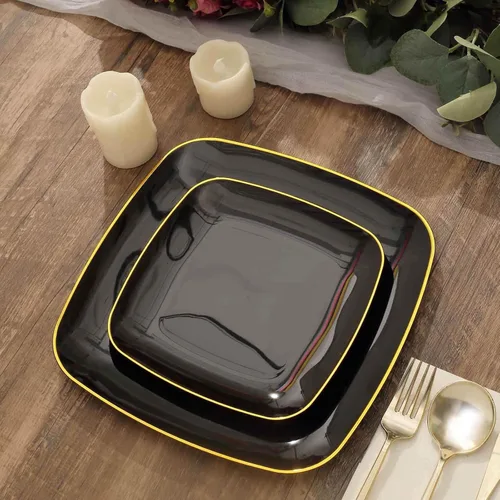 Miniatura 4 de Efavormart - Paquete de 10 platos cuadrados de plástico para postre de 7 pulgadas, color negro con borde dorado, platos desechables para ensalada