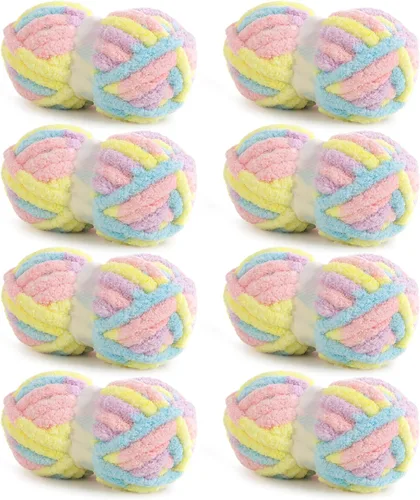 Miniatura 25 de HOMBYS Paquete de 8 hilos gruesos gigantes para tejer a ganchillo/tejer a mano, súper voluminosos, grandes, suaves, esponjosos, tie dye de felpa