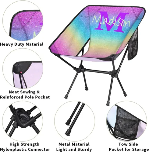 Miniatura 4 de Silla de camping personalizada portátil con nombre, silla plegable ligera para playa, senderismo, rosa, azul y dorado