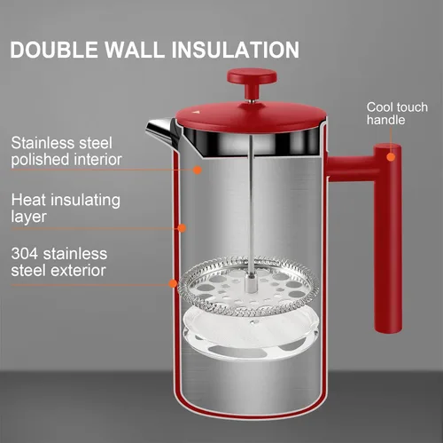 Miniatura 5 de Secura Cafetera de Prensa Francesa, Prensa de Café de Acero Inoxidable de Doble Pared Grado 304 con 2 Filtros Adicionales, 34oz (1L), Rojo