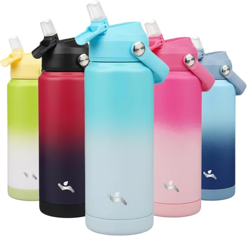 Miniatura 53 de Konokyo Botella de agua aislada con tapa de pajilla, botella de metal al vacío de acero inoxidable de 18 onzas con mango de silicona, color negro