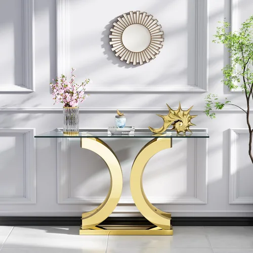 Miniatura 172 de Mesa de centro de cristal de lujo, mesa de centro de sofá de 47 pulgadas con marco de acero inoxidable dorado y parte superior de vidrio negro, mesa
