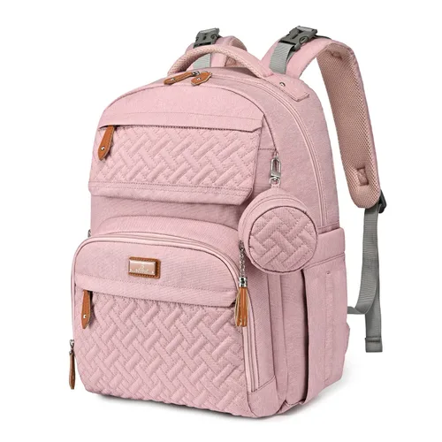 BabbleRoo Mochila para pañales – Bolsa de pañales grande de viaje para bebé con cambiador, bolsas de bebé impermeables para mamá y papá, bolsas Rosa