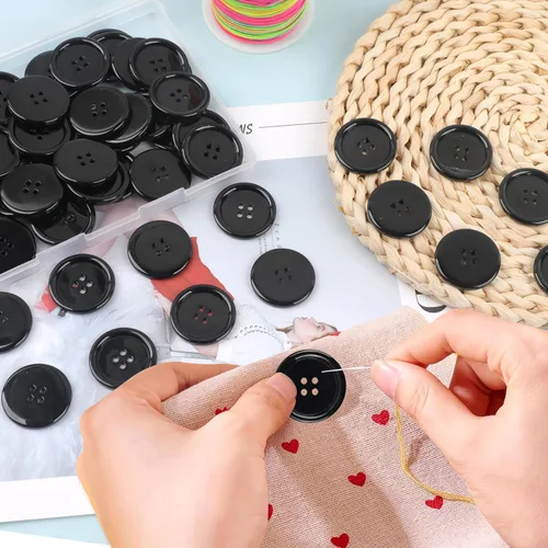 Miniatura 5 de YAKA 50 botones de resina de costura negros de 1 1/4 pulgadas, forma redonda, 4 agujeros, botón para coser álbumes de recortes y manualidades